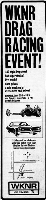 1966 ad for wknr Detroit Dragway, Brownstown Twp